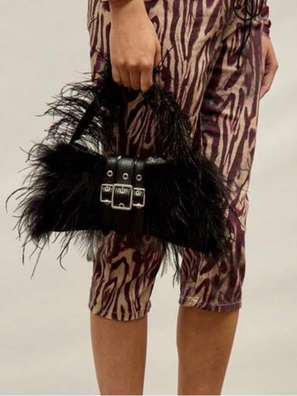 Black Feather-Trim Mini Shoulder Bag with Buckle Detail